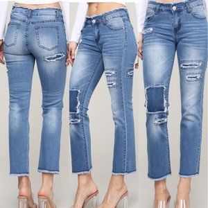 Olive Distressed Patchwork Straightleg Jeans